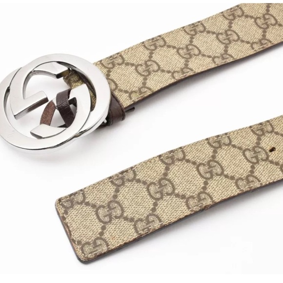 Authentic GUCCI Belt GG Supreme Interlocking Buckle Beige Brown Silver - Picture 6 of 16